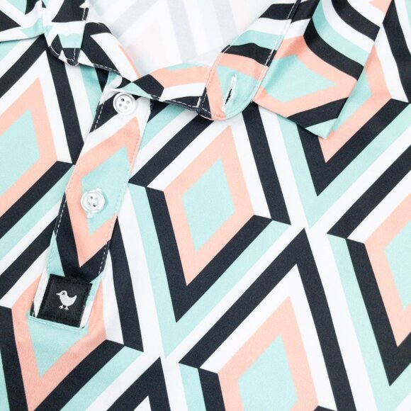 Bad Birdie Golf Polo Men's Fits Large Geometric Diamond Pink Mint Green Wicking - Picture 5 of 12
